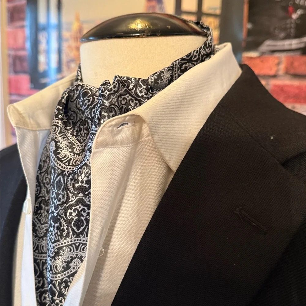 Elegant Black and White Paisley Ascot Cravat